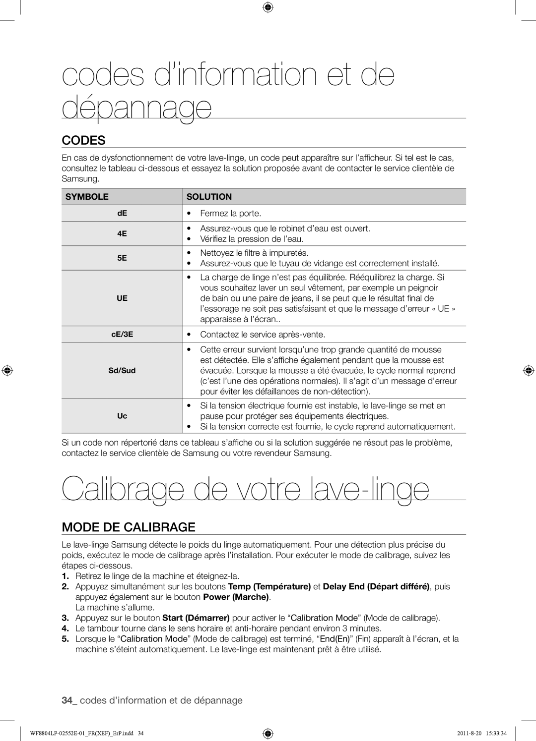 Samsung WF8804LPH1/XEF, WF8802LPH1/XEF, WF8802LPS1/XEF manual Calibrage de votre lave-linge, Codes, Mode DE Calibrage 