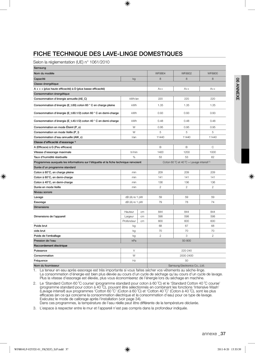 Samsung WF8804LPH1/XEF, WF8802LPH1/XEF Fiche Technique DES LAVE-LINGE Domestiques, Selon la réglementation UE n 1061/2010 