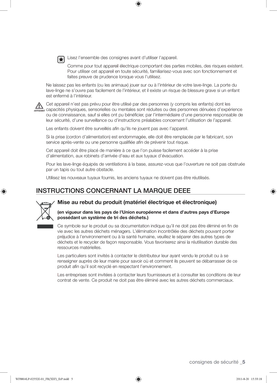 Samsung WF8802LPS1/XEF, WF8802LPH1/XEF, WF8804LPH1/XEF manual Instructions Concernant LA Marque Deee 