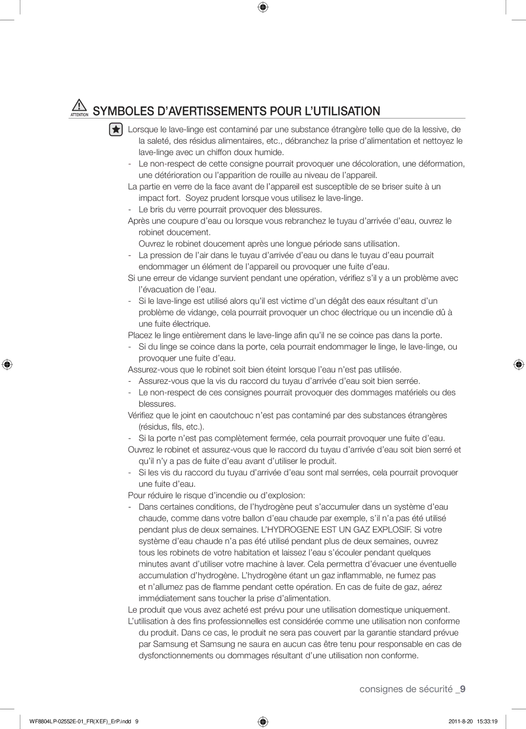 Samsung WF8802LPH1/XEF, WF8804LPH1/XEF, WF8802LPS1/XEF manual Consignes de sécurité 