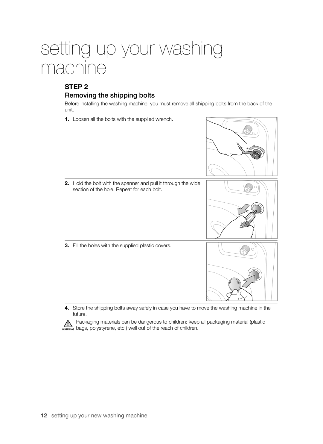 Samsung WF8802LSW/YLV, WF8702LSW/YLV, WF8802LSW1/YLV manual Removing the shipping bolts 