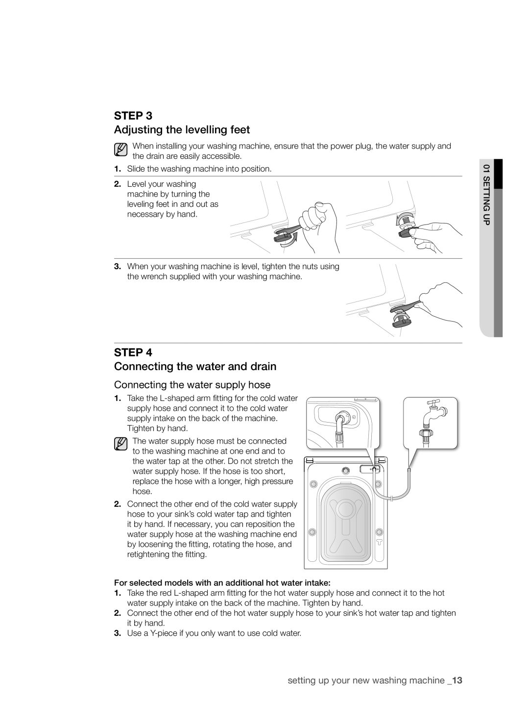 Samsung WF8702LSW/YLV, WF8802LSW/YLV, WF8802LSW1/YLV manual Adjusting the levelling feet, Connecting the water and drain 