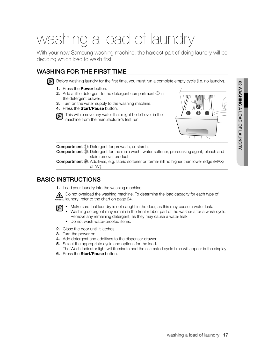 Samsung WF8802LSW1/YLV, WF8802LSW/YLV manual Washing a load of laundry, Washing for the First Time, Basic Instructions 