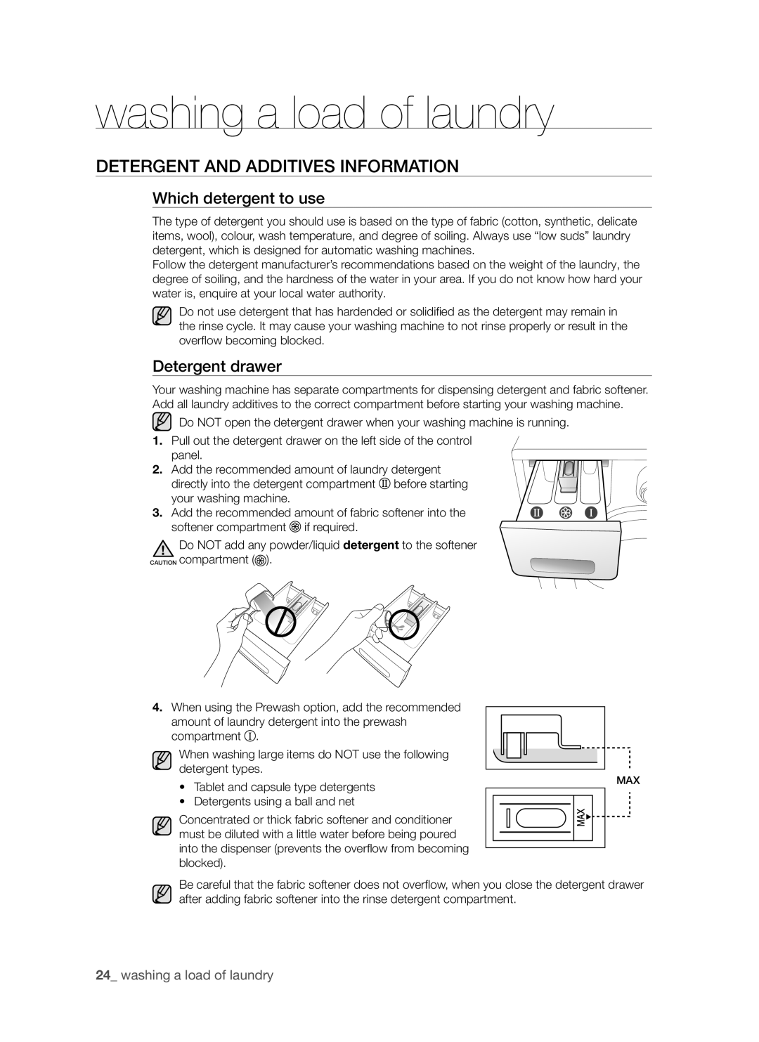 Samsung WF8802LSW/YLV, WF8702LSW/YLV manual Detergent and Additives Information, Which detergent to use, Detergent drawer 