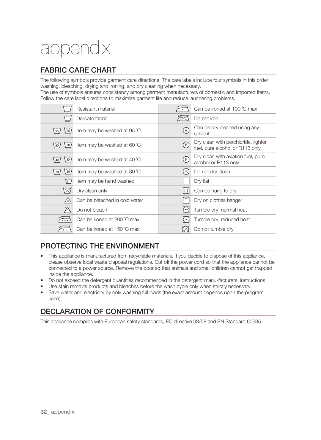 Samsung WF8802LSW1/YLV, WF8802LSW/YLV Appendix, Fabric Care Chart, Protecting the Environment, Declaration of Conformity 