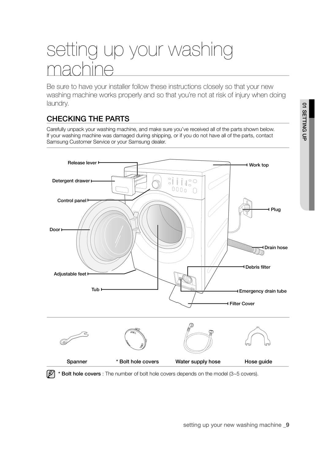Samsung WF8802LSW/YLV, WF8702LSW/YLV, WF8802LSW1/YLV manual Setting up your washing machine, Checking the Parts 