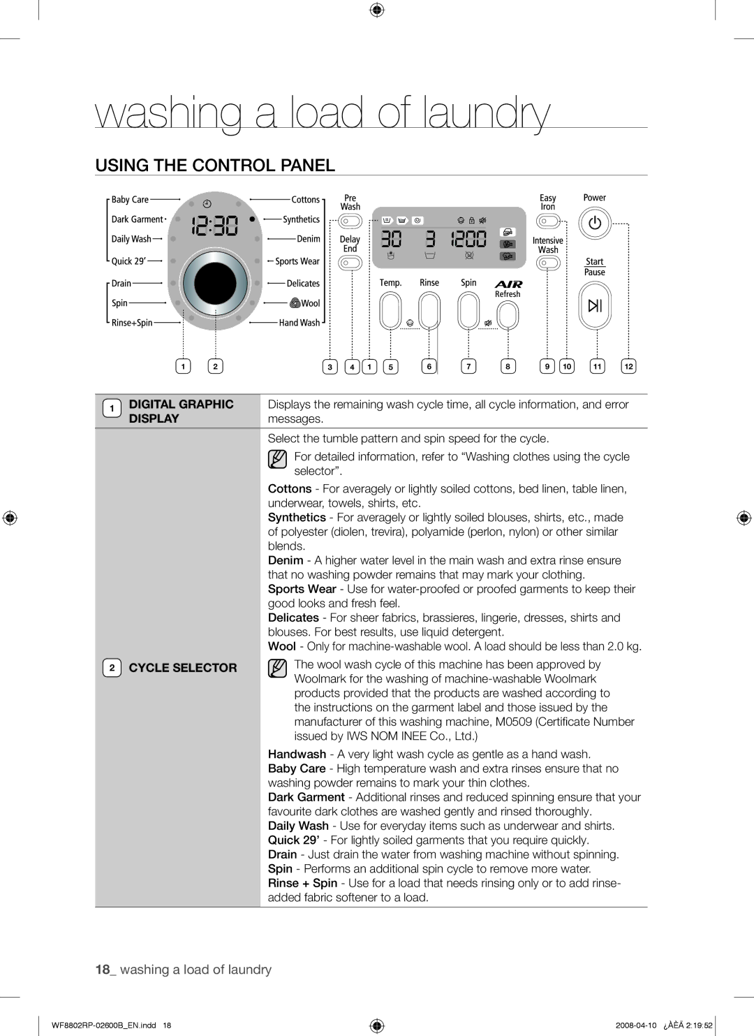 Samsung WF8802RPV1/YKJ, WF8802RPS/YKJ, WF8802RPV/YKJ manual Using the Control Panel, Cycle Selector 