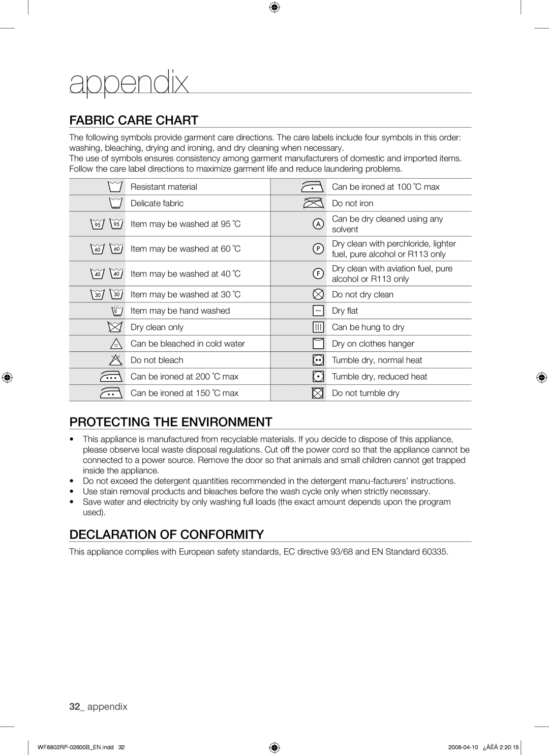 Samsung WF8802RPV/YKJ, WF8802RPV1/YKJ Appendix, Fabric Care Chart, Protecting the Environment, Declaration of Conformity 