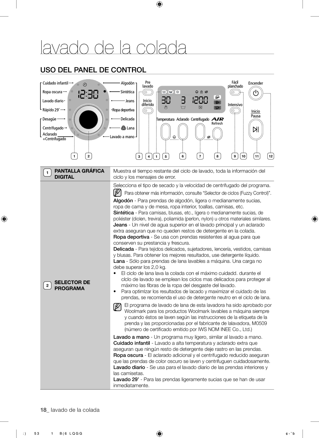 Samsung WF8802RPW/XEC manual USO DEL Panel DE Control, Selector DE, Programa 