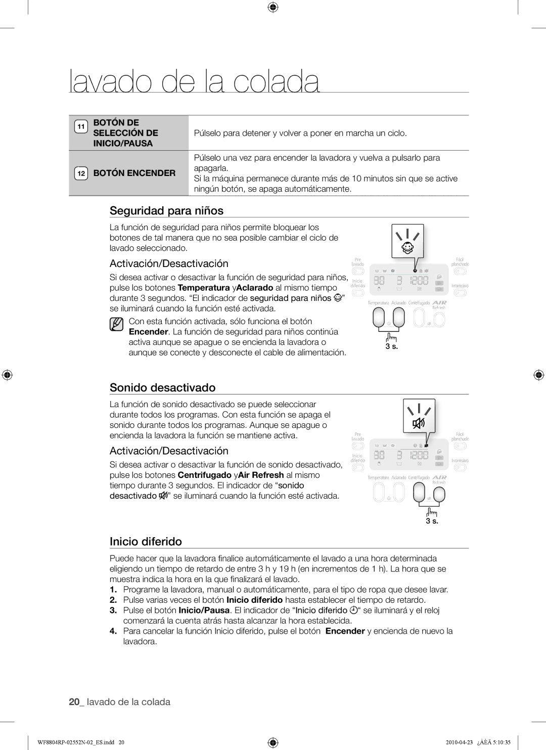 Samsung WF8802RPW/XEC manual Sonido desactivado, Inicio/Pausa, Botón Encender 