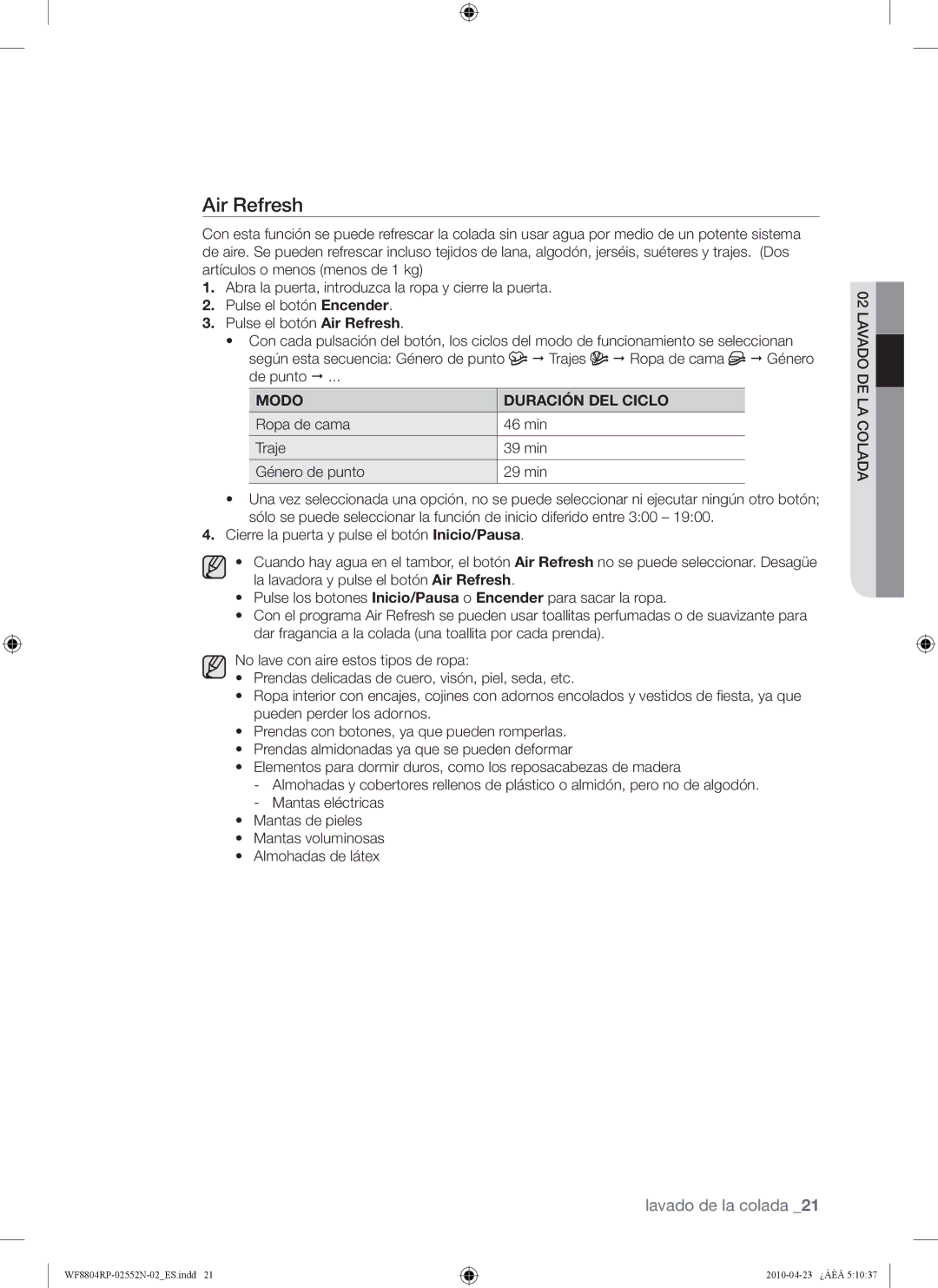 Samsung WF8802RPW/XEC manual Air Refresh, Modo Duración DEL Ciclo 