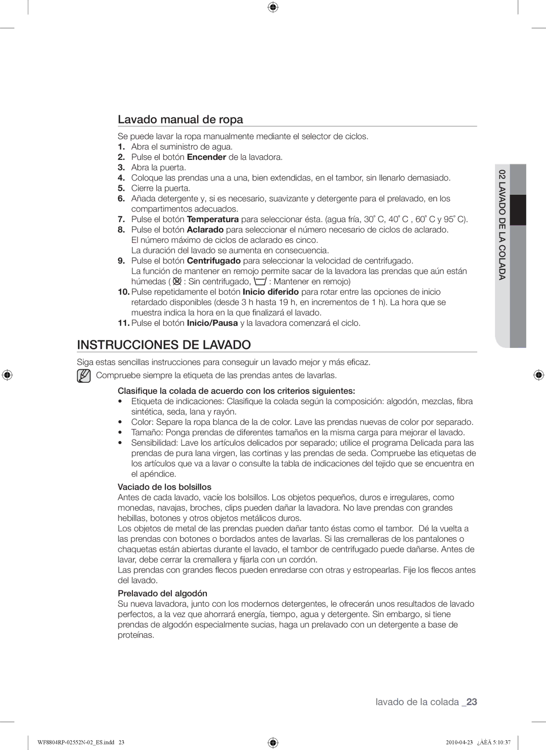 Samsung WF8802RPW/XEC Instrucciones DE Lavado, Lavado manual de ropa 