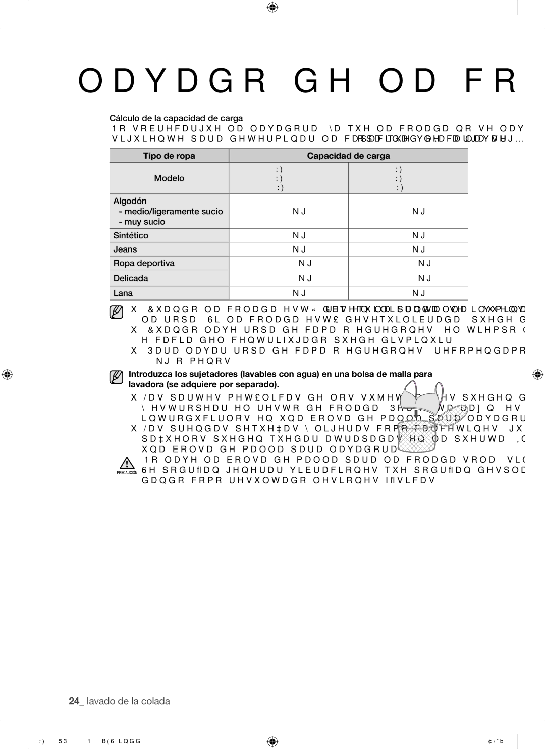 Samsung WF8802RPW/XEC manual Tipo de ropa Capacidad de carga 