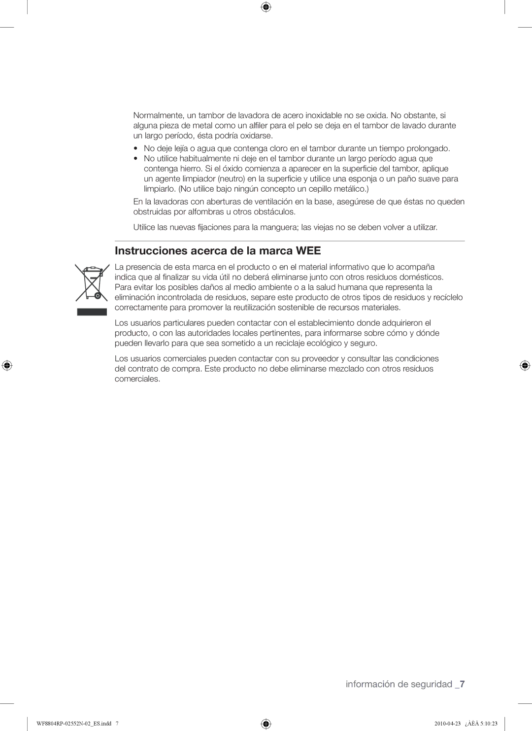 Samsung WF8802RPW/XEC manual Instrucciones acerca de la marca WEE 