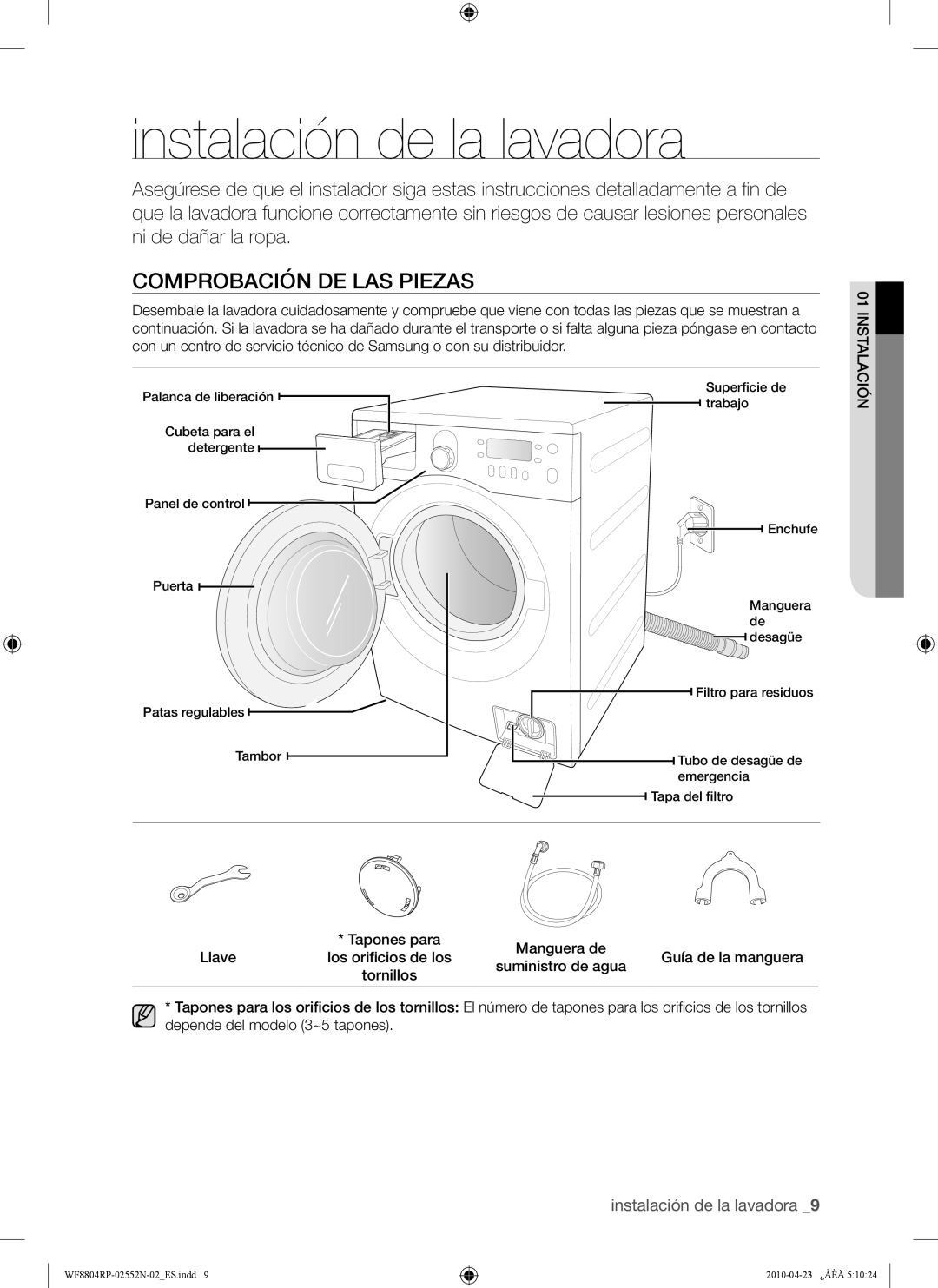 Samsung WF8802RPW/XEC manual Instalación de la lavadora, Comprobación DE LAS Piezas 