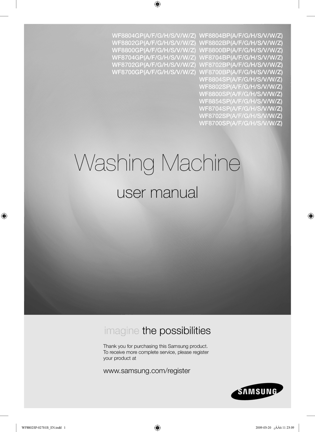 Samsung WF8802SPG/XSV, WF8802SPG1/XSV, WF8854SPG1/XSV, WF8854SPG/XSV manual Washing Machine 