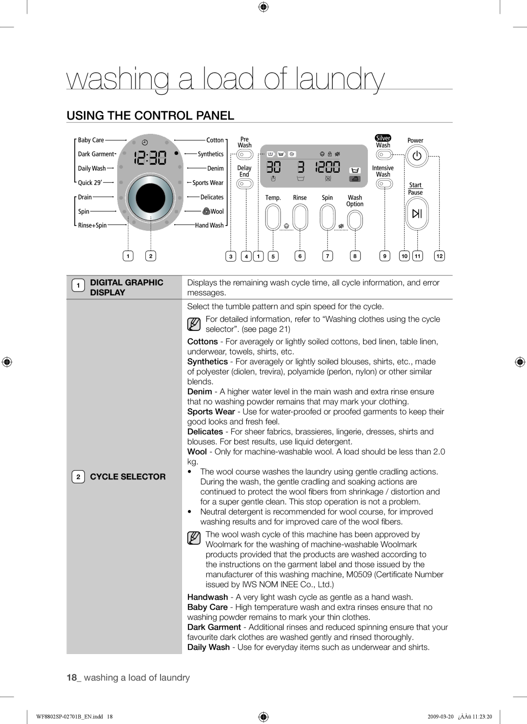 Samsung WF8854SPG1/XSV, WF8802SPG1/XSV, WF8802SPG/XSV, WF8854SPG/XSV manual Using the Control Panel 