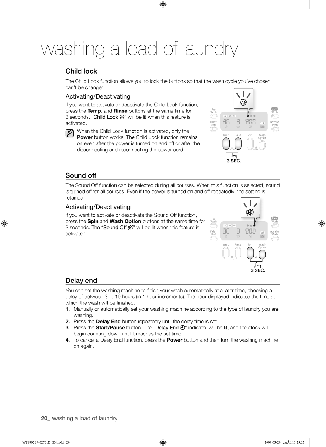 Samsung WF8802SPG1/XSV, WF8802SPG/XSV, WF8854SPG1/XSV, WF8854SPG/XSV manual Sound off, Activating/Deactivating 