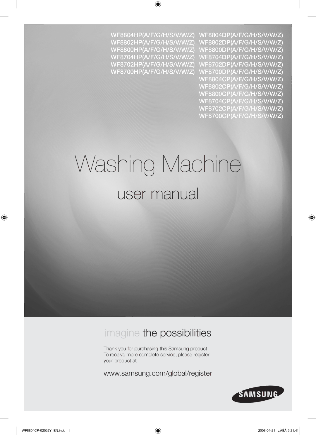 Samsung WF8804CPG/YLE manual Washing Machine 