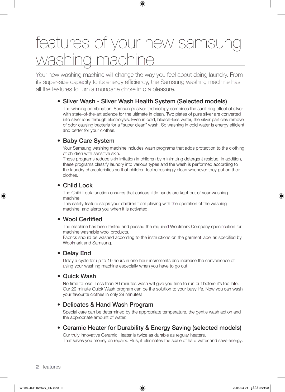 Samsung WF8804CPG/YLE manual Features of your new samsung washing machine 