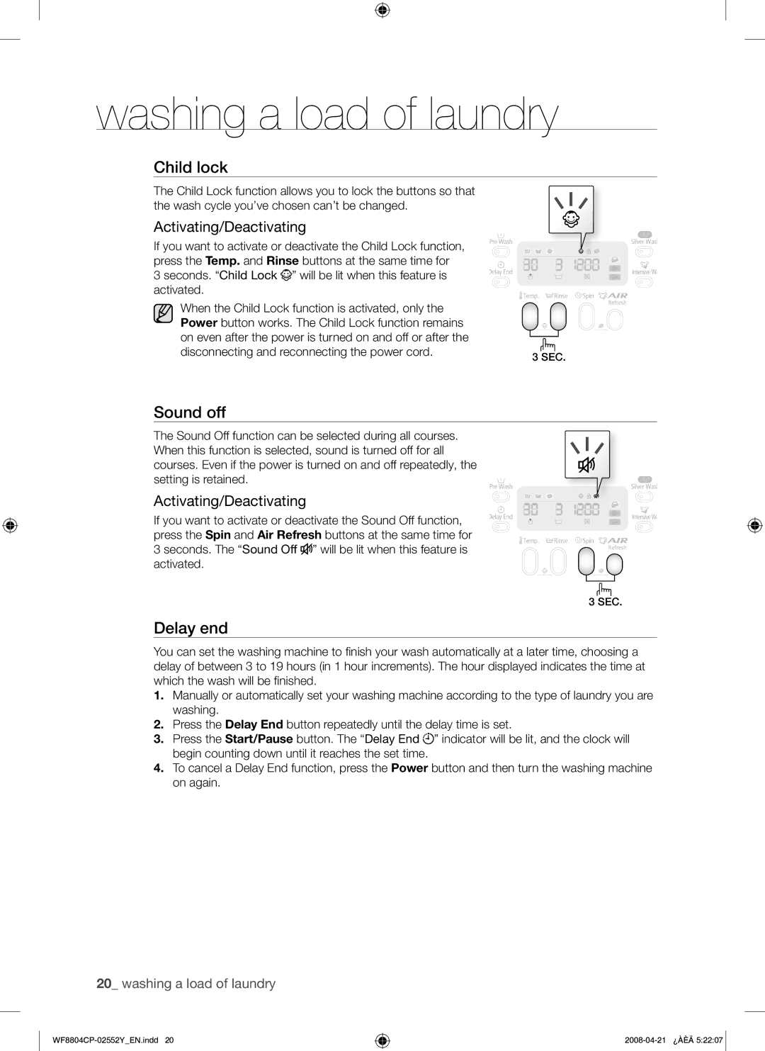 Samsung WF8804CPG/YLE manual Sound off, Activating/Deactivating 