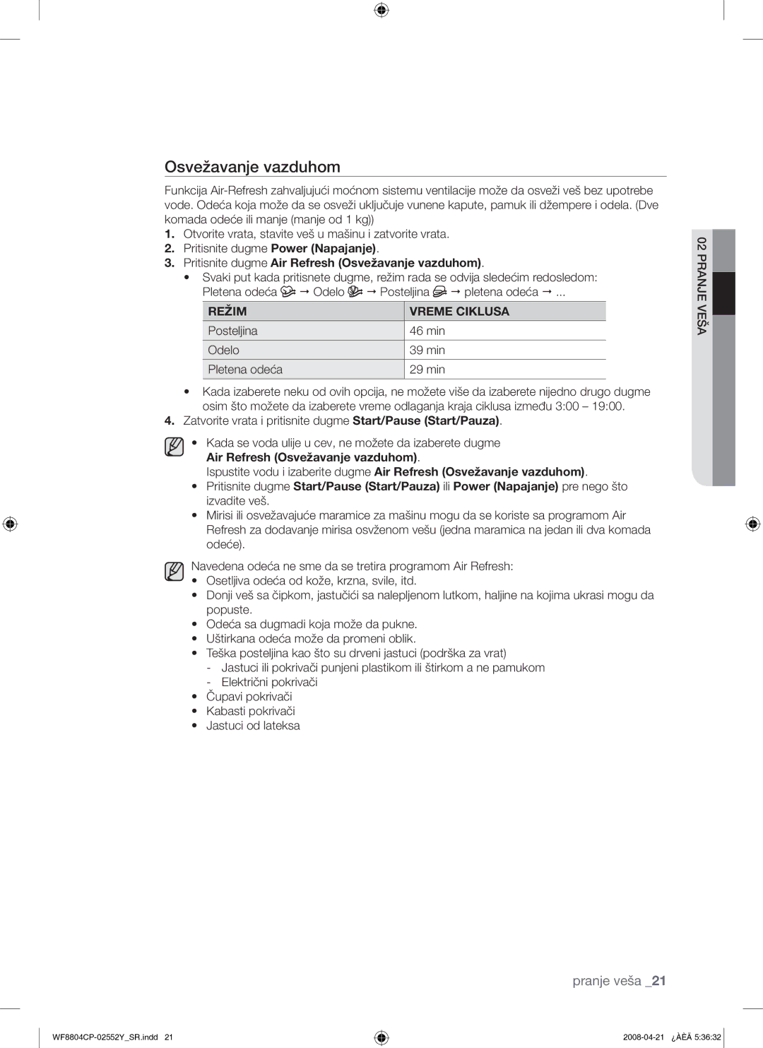 Samsung WF8804CPG/YLE manual Pritisnite dugme Air Refresh Osvežavanje vazduhom, Režim Vreme Ciklusa 