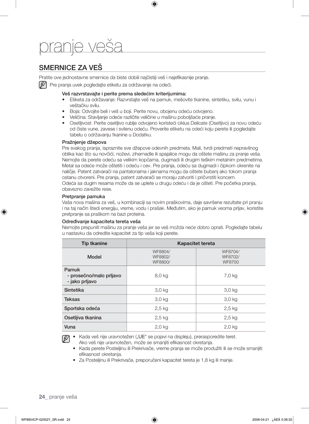 Samsung WF8804CPG/YLE manual Smernice ZA VEŠ, Tip tkanine Kapacitet tereta 