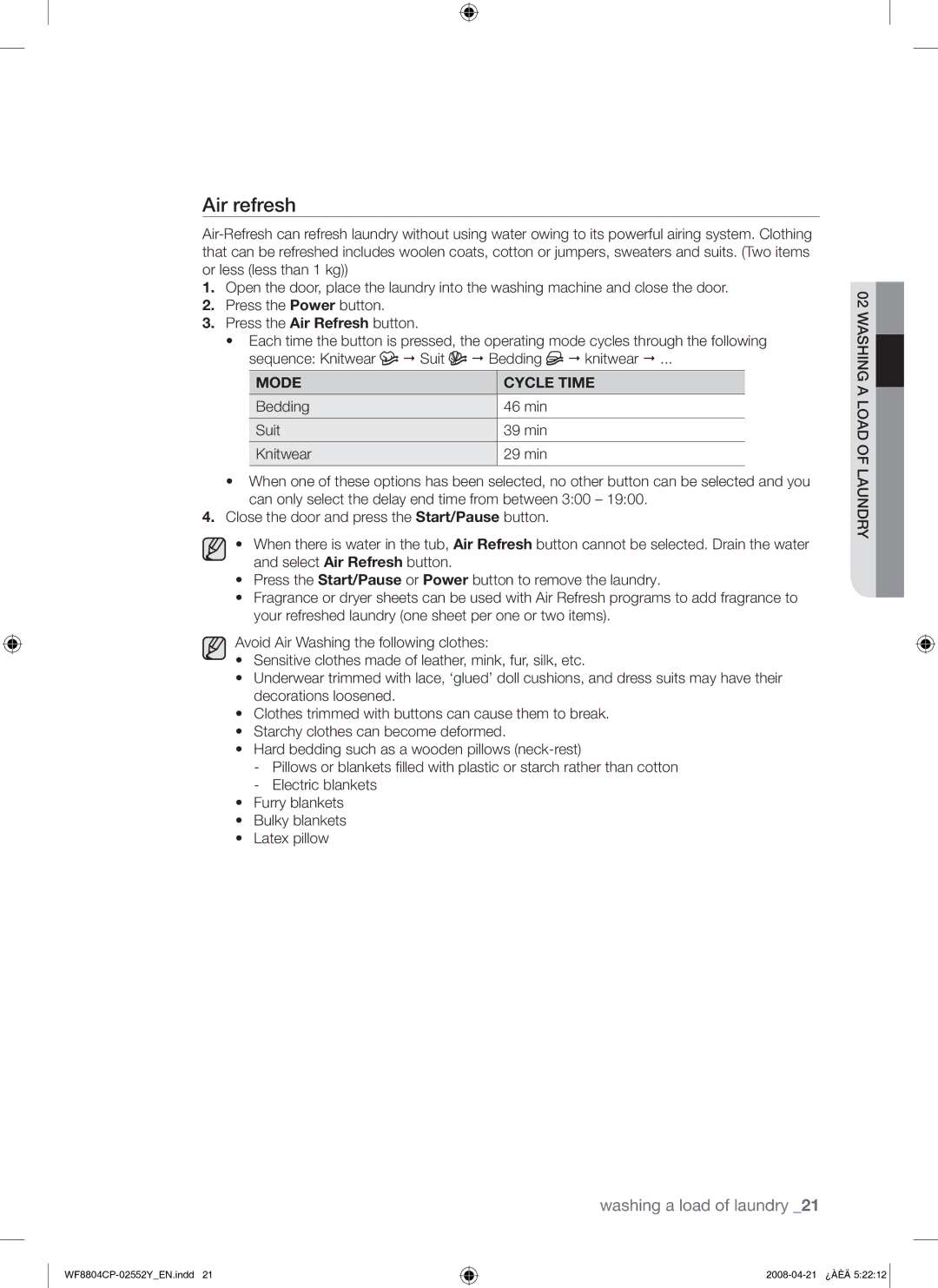 Samsung WF8804CPG/YLE manual Air refresh, Mode Cycle Time 