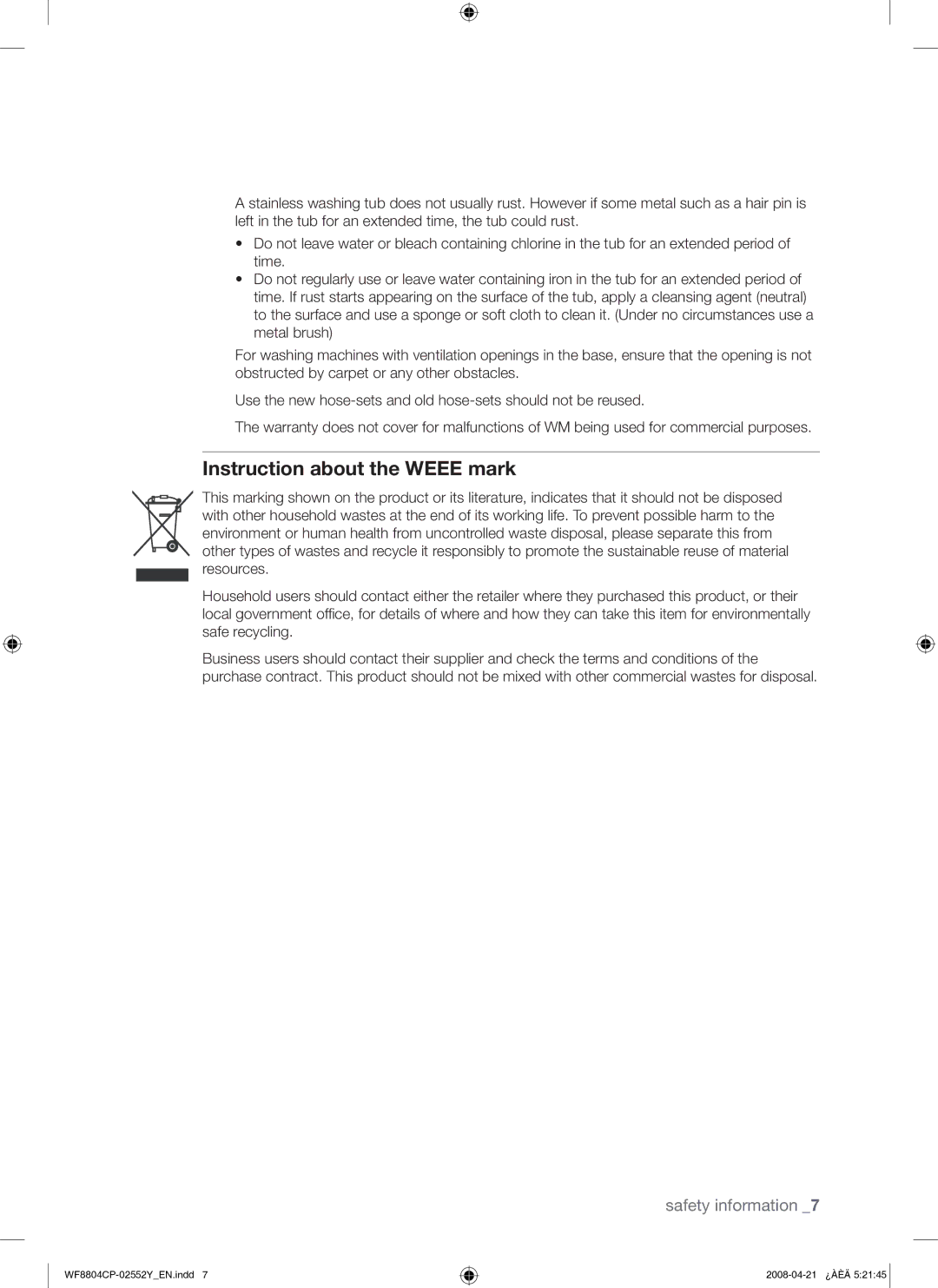 Samsung WF8804CPG/YLE manual Instruction about the Weee mark 