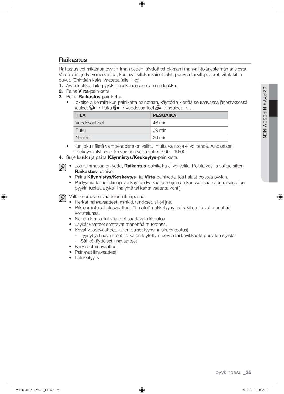 Samsung WF8804EPA1/XEE manual Raikastus, Tila Pesuaika 