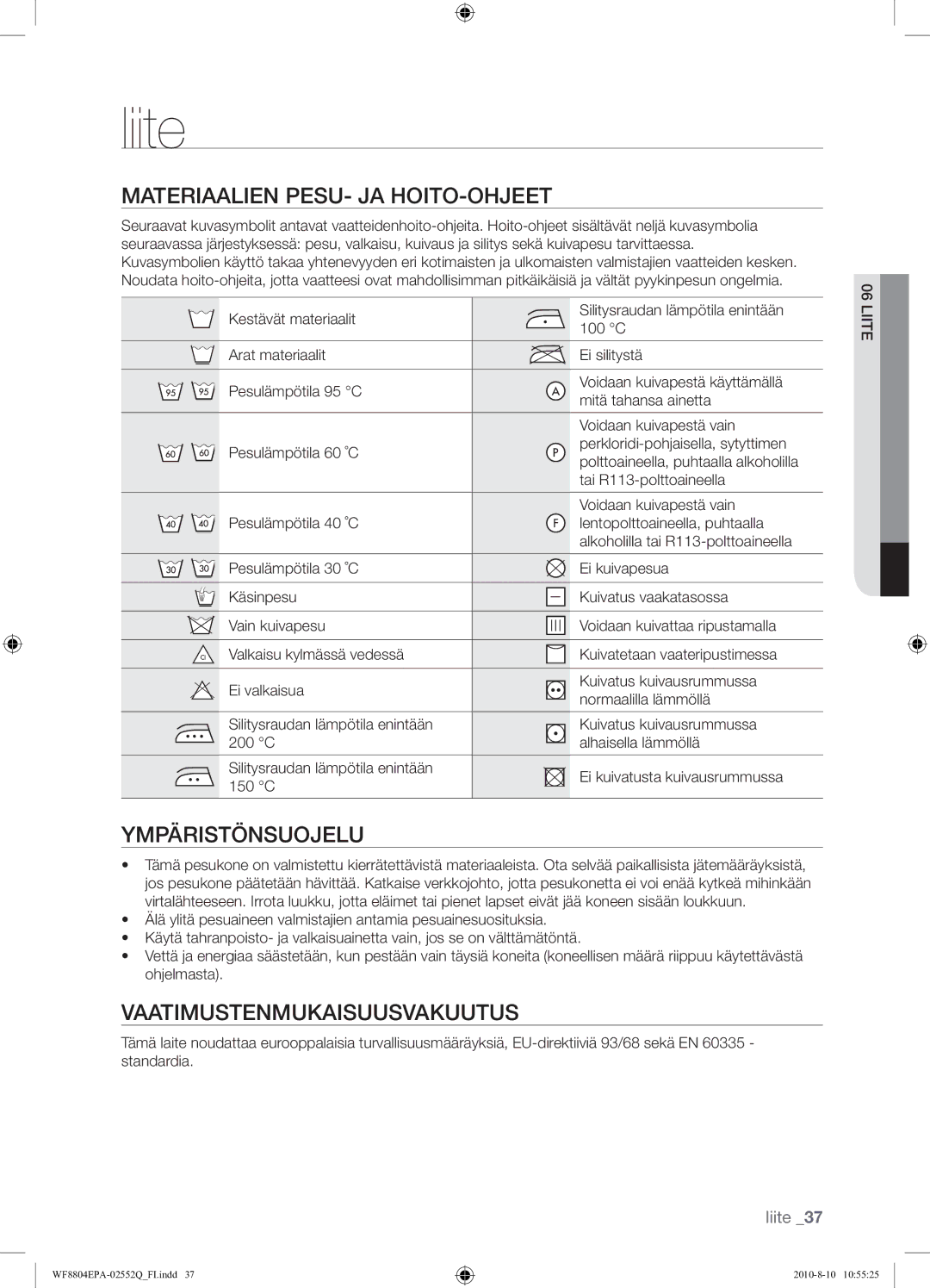 Samsung WF8804EPA1/XEE manual Liite, Materiaalien PESU- JA HOITO-OHJEET, Ympäristönsuojelu, Vaatimustenmukaisuusvakuutus 