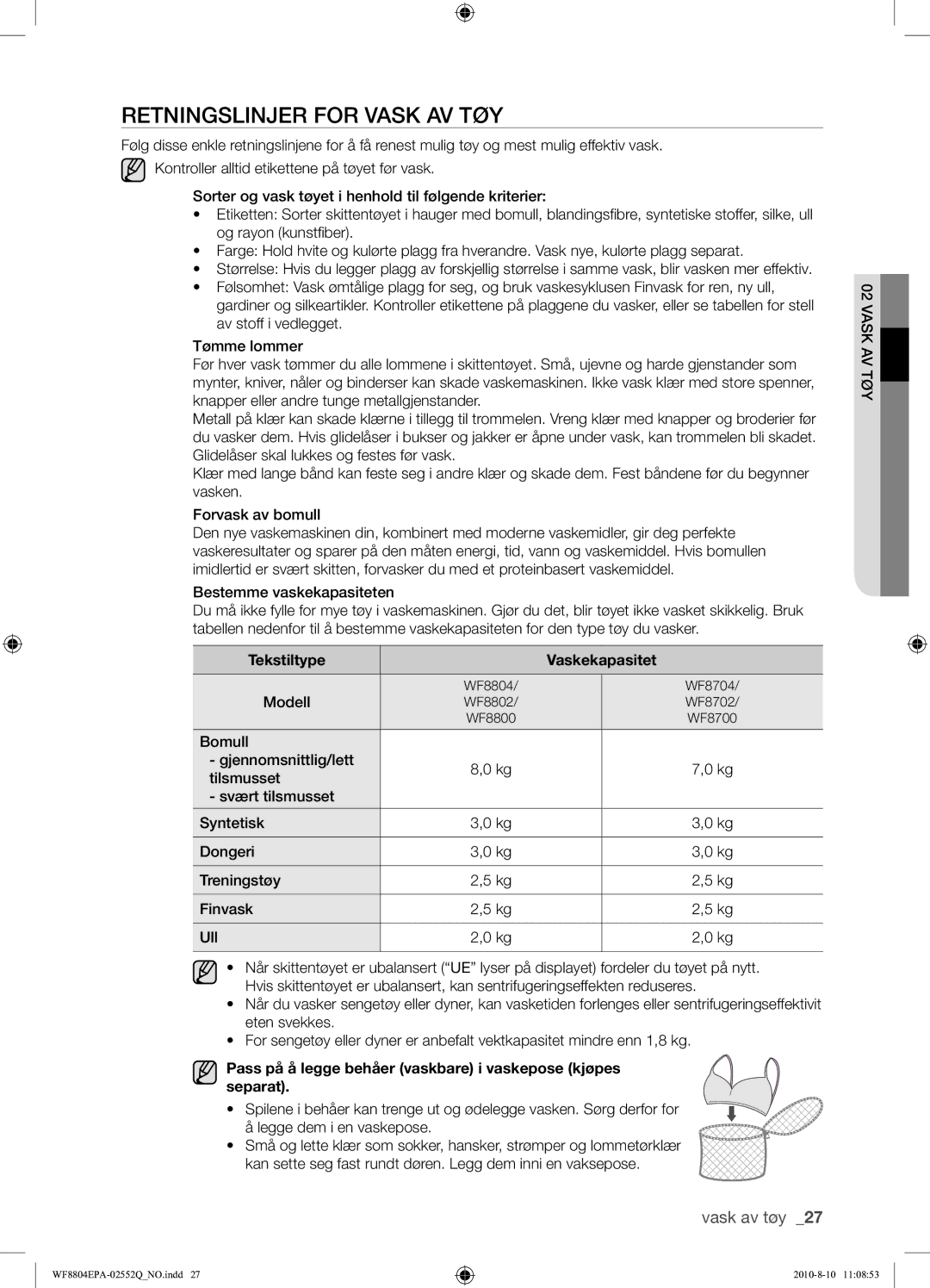 Samsung WF8804EPA1/XEE manual Retningslinjer for Vask AV TØY, Modell 