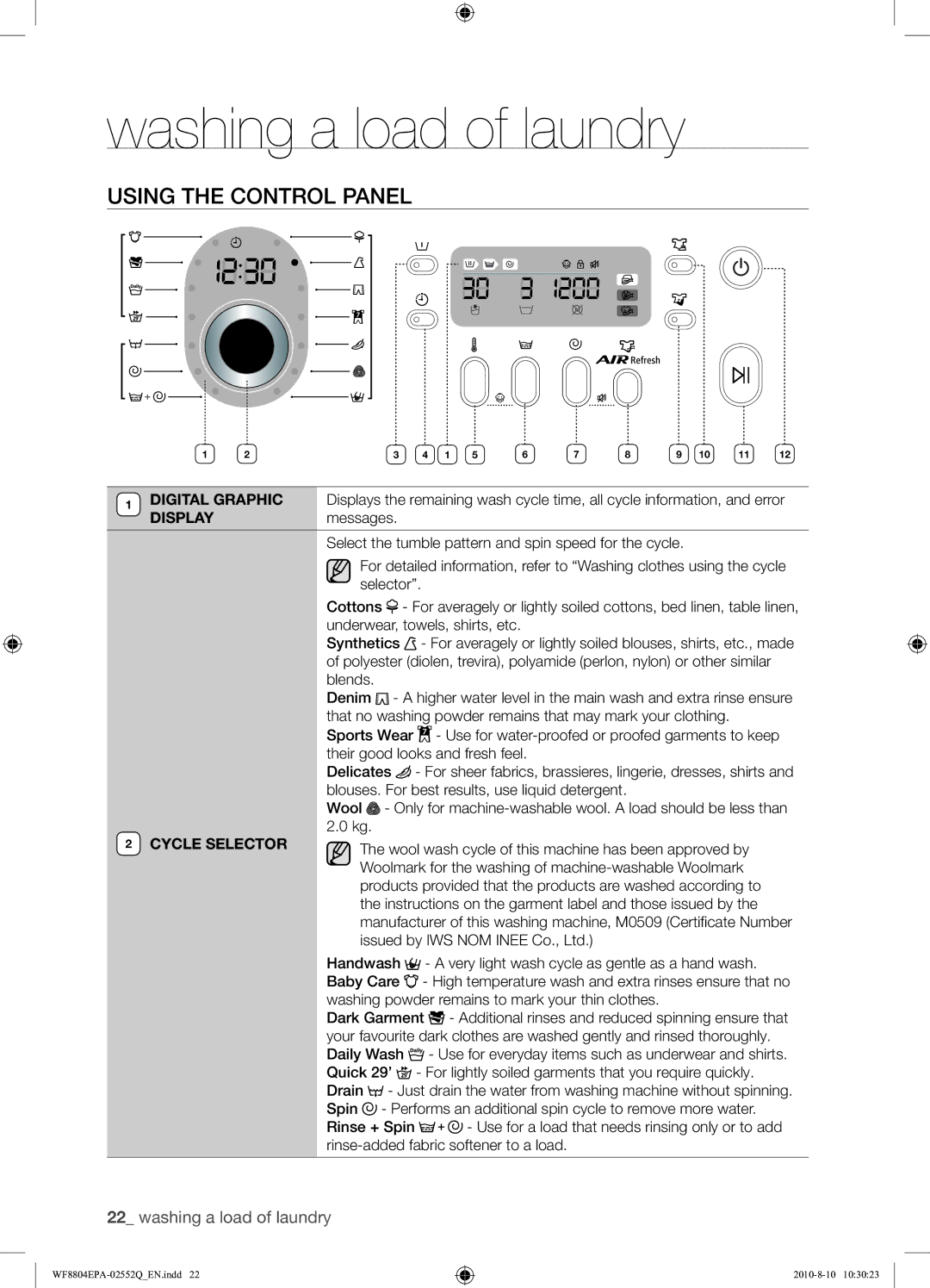 Samsung WF8804EPA1/XEE manual Using the Control Panel, Cycle Selector 