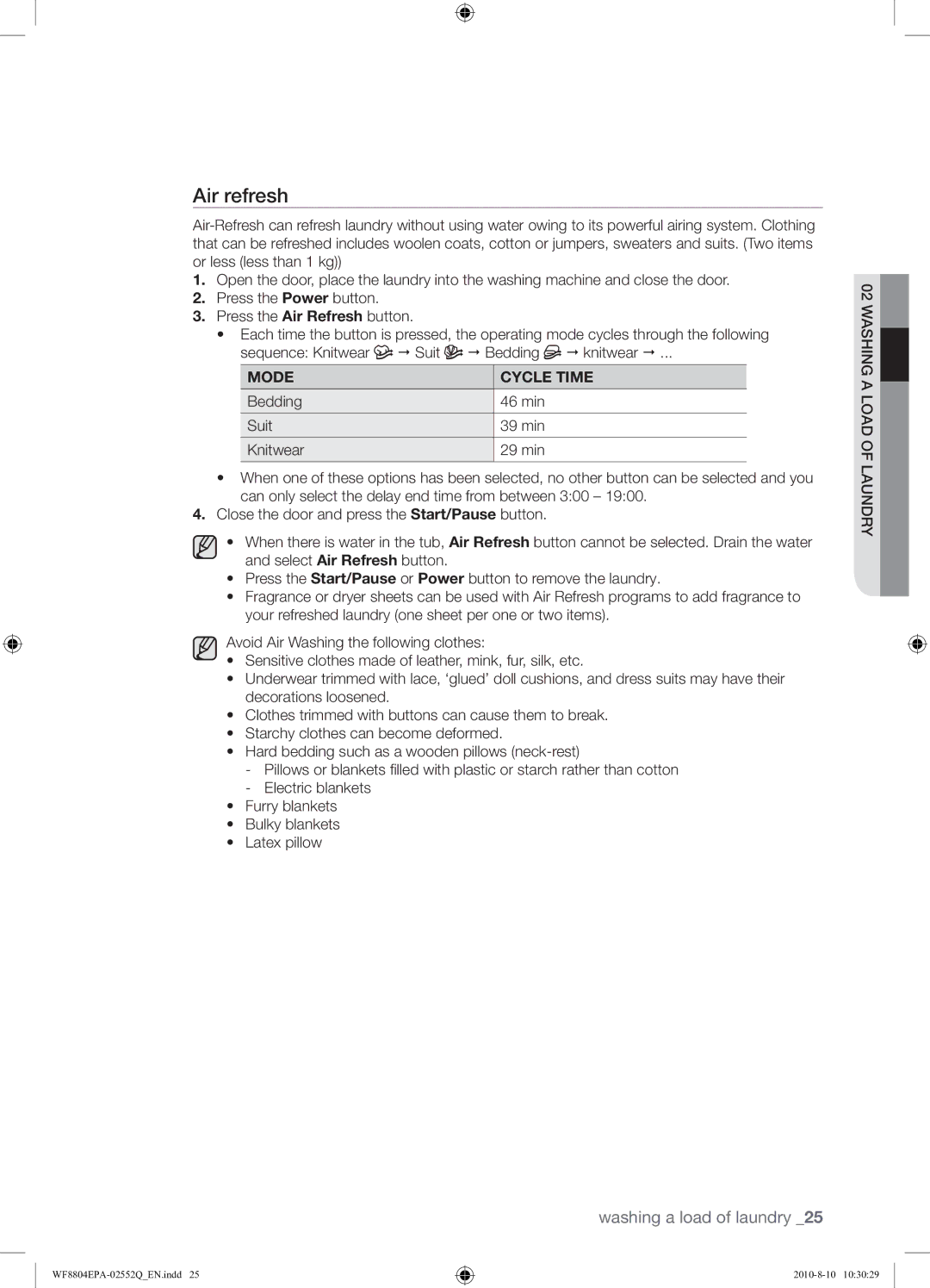 Samsung WF8804EPA1/XEE manual Air refresh, Mode Cycle Time 