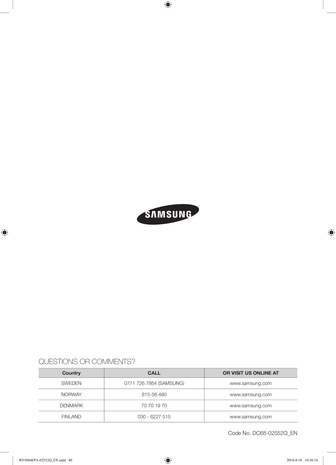 Samsung WF8804EPA1/XEE manual Questions or COMMENTS?, Code No. DC68-02552QEN 