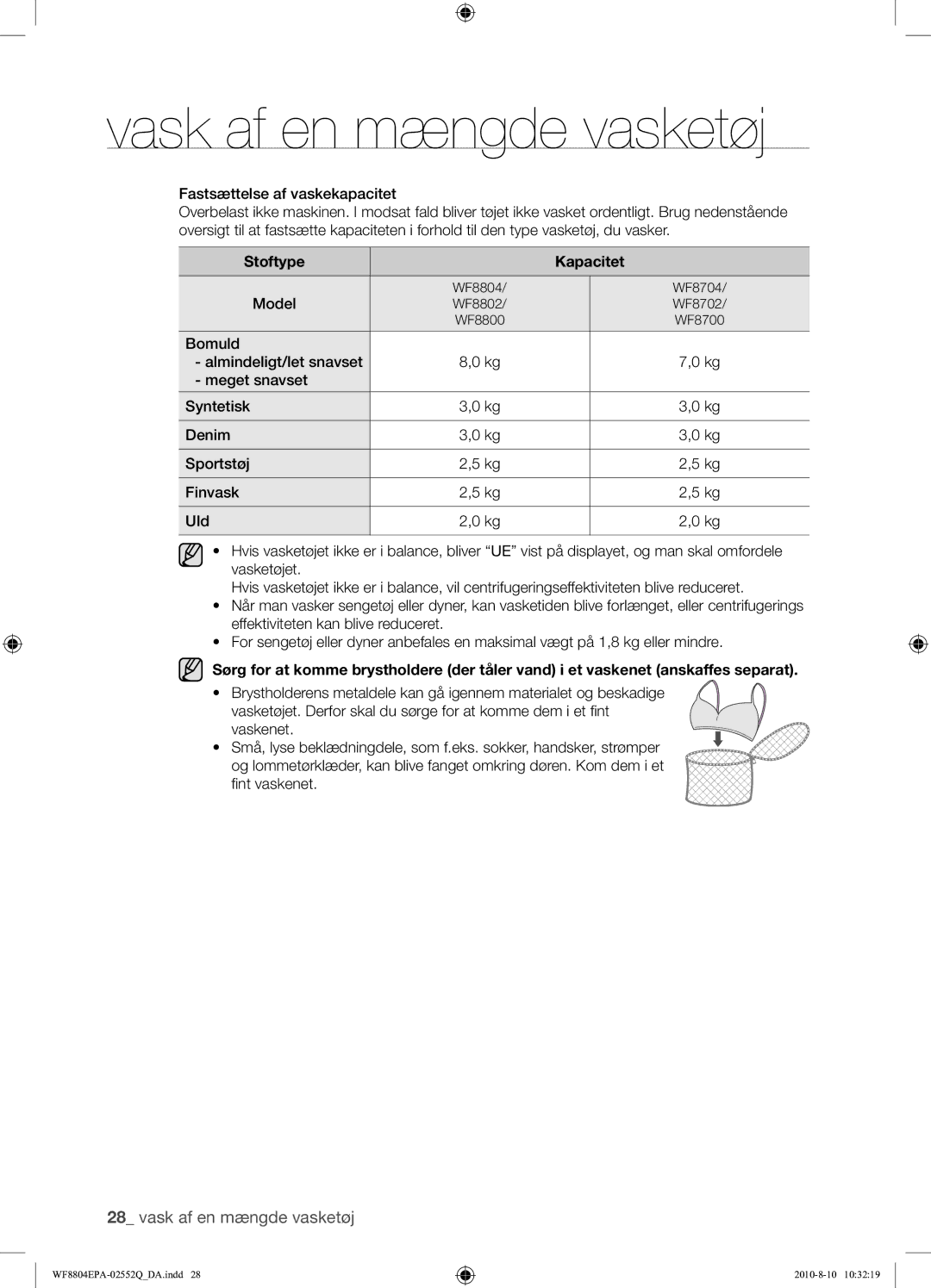 Samsung WF8804EPA1/XEE manual Fastsættelse af vaskekapacitet, Stoftype Kapacitet 