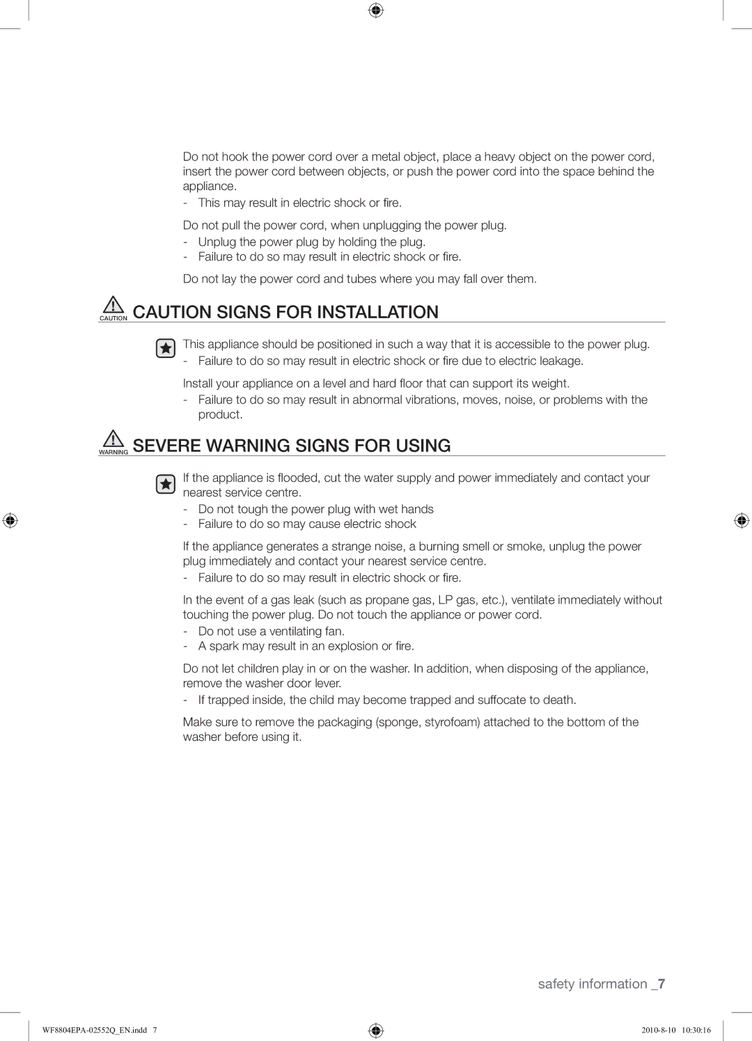 Samsung WF8804EPA1/XEE manual Safety information 