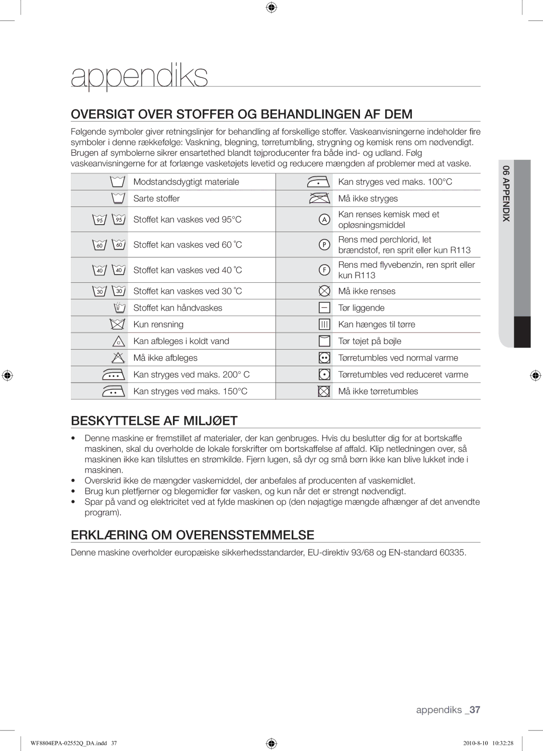 Samsung WF8804EPA1/XEE manual Appendiks, Oversigt Over Stoffer OG Behandlingen AF DEM, Beskyttelse AF Miljøet, Kun R113 