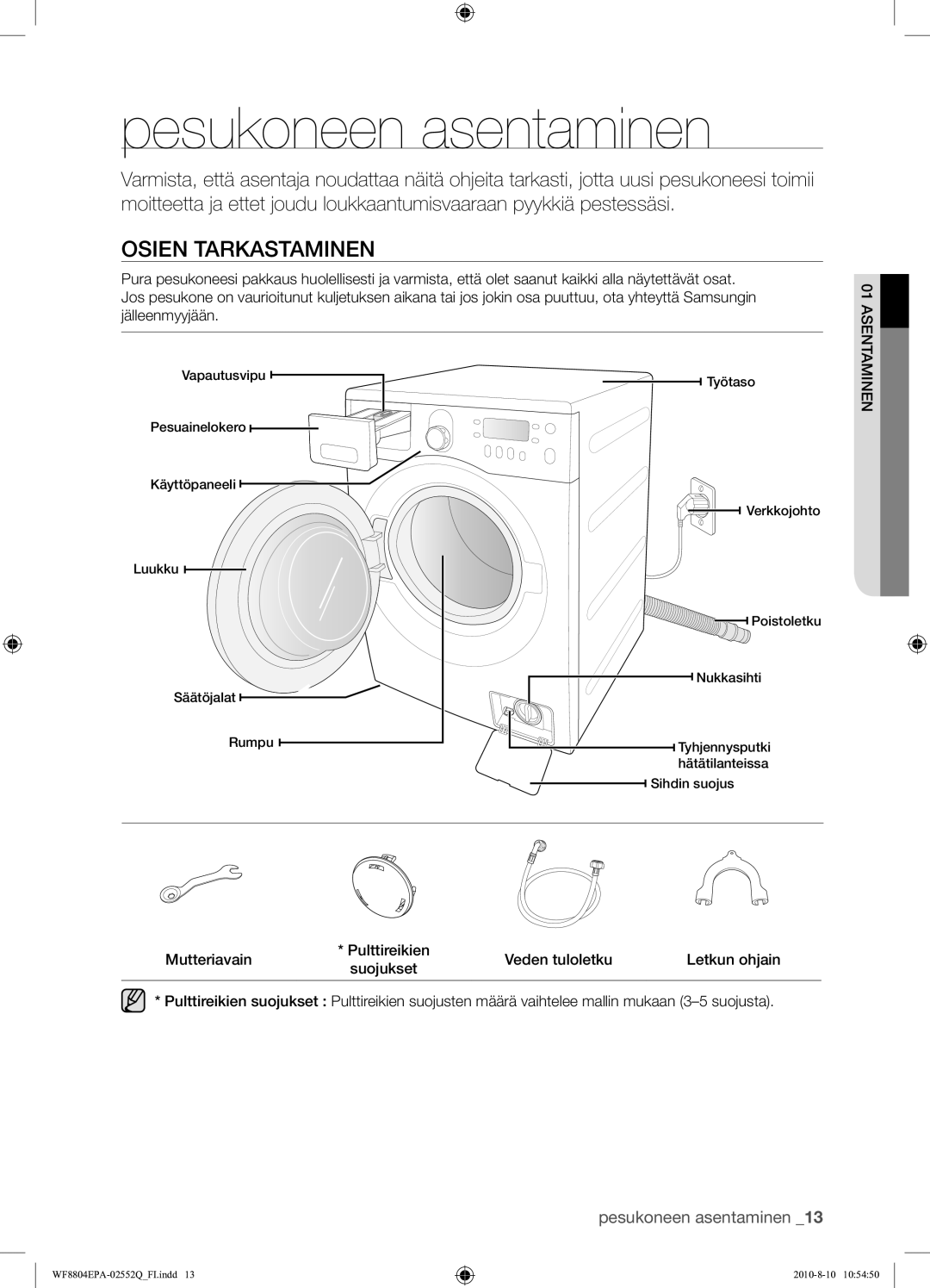 Samsung WF8804EPA1/XEE manual Pesukoneen asentaminen, Osien Tarkastaminen 