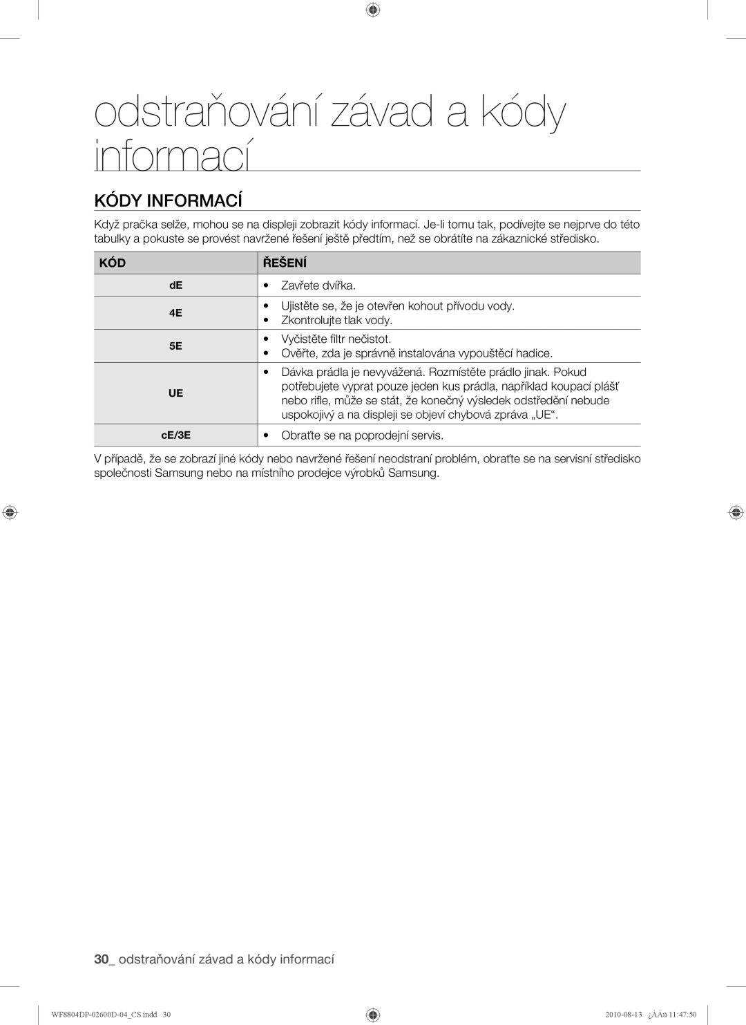 Samsung WF8804HPA/XEH, WF8804HPA1/XEH manual Kódy Informací, KÓD Řešení 