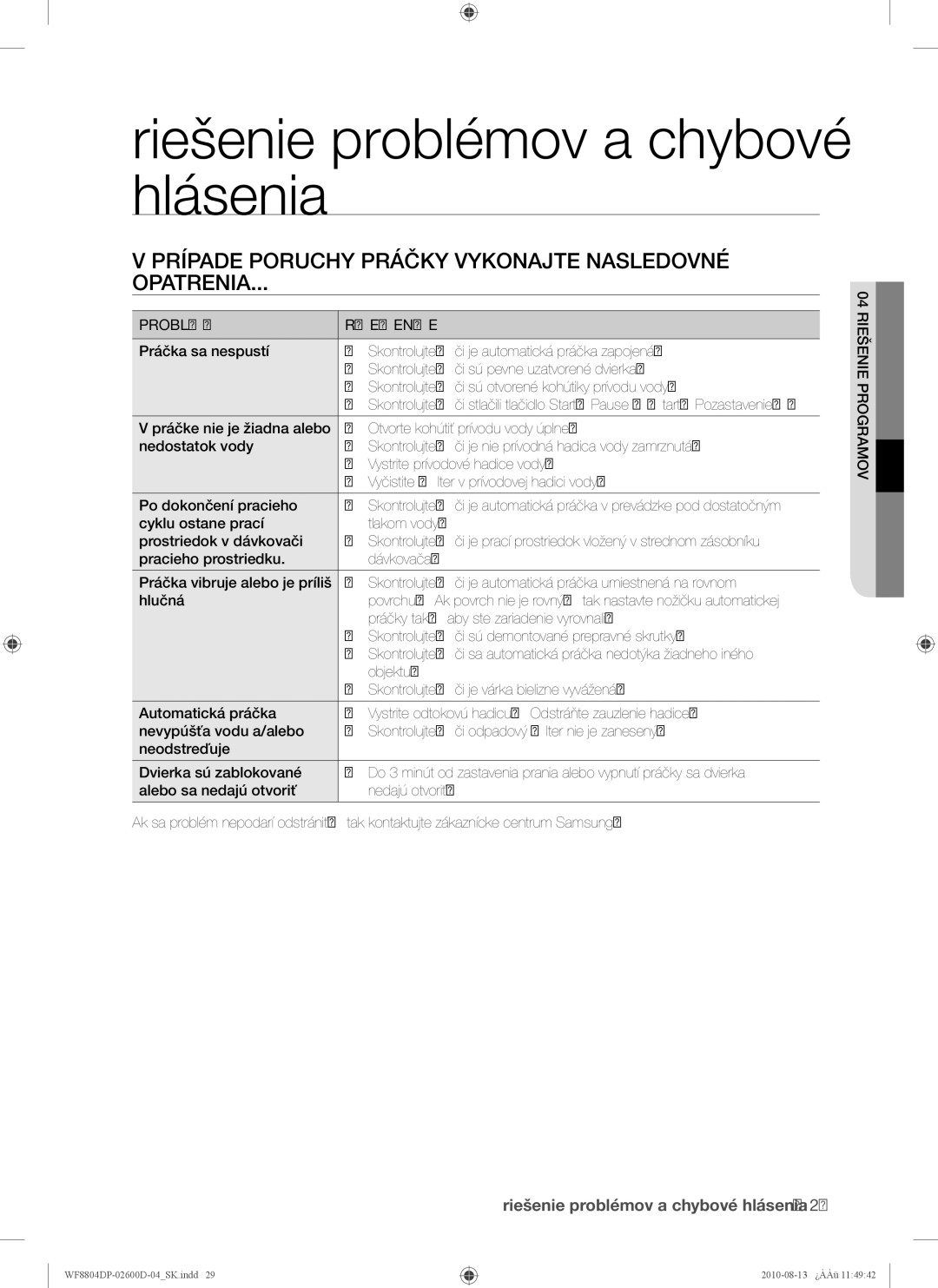 Samsung WF8804HPA1/XEH manual Riešenie problémov a chybové hlásenia, Prípade Poruchy Práčky Vykonajte Nasledovné Opatrenia 