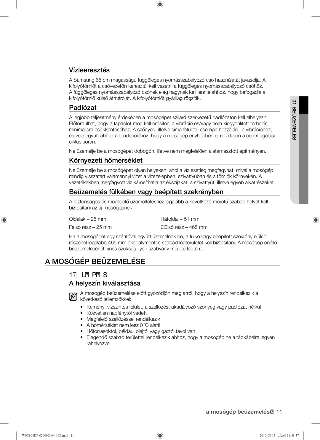 Samsung WF8804HPA1/XEH, WF8804HPA/XEH manual Mosógép Beüzemelése 