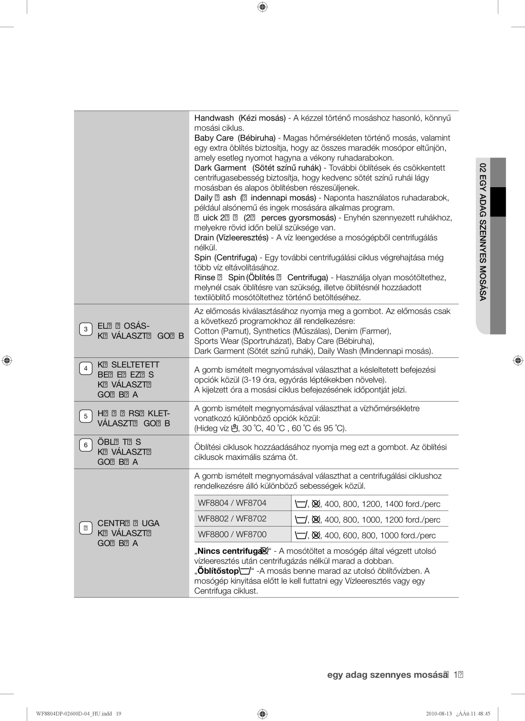 Samsung WF8804HPA1/XEH Előmosás, Kiválasztó Gomb, Késleltetett, Befejezés, Gombja, Hőmérséklet, Választó Gomb, Öblítés 