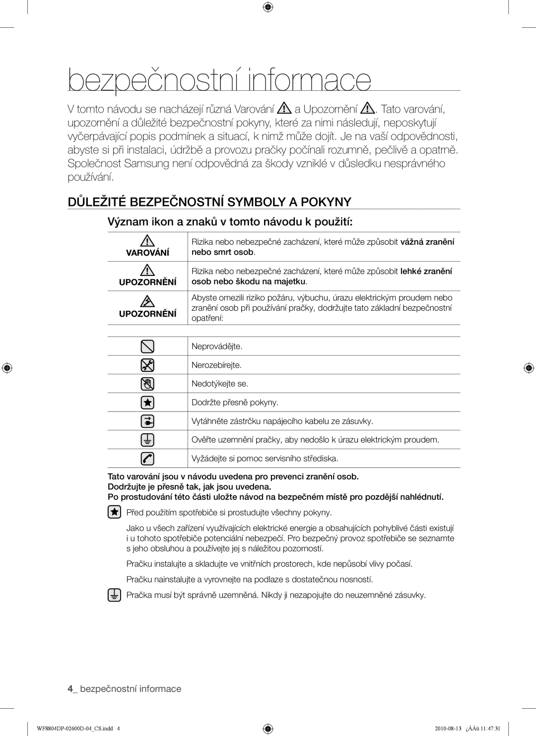 Samsung WF8804HPA/XEH, WF8804HPA1/XEH Bezpečnostní informace, Důležité Bezpečnostní Symboly a Pokyny, Varování, Upozornění 