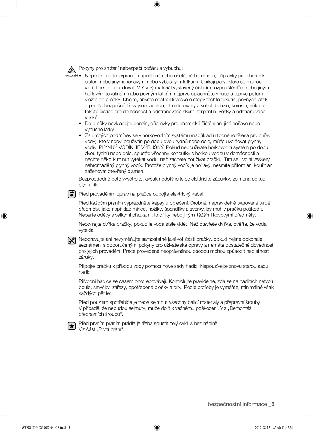 Samsung WF8804HPA1/XEH, WF8804HPA/XEH manual Bezpečnostní informace 