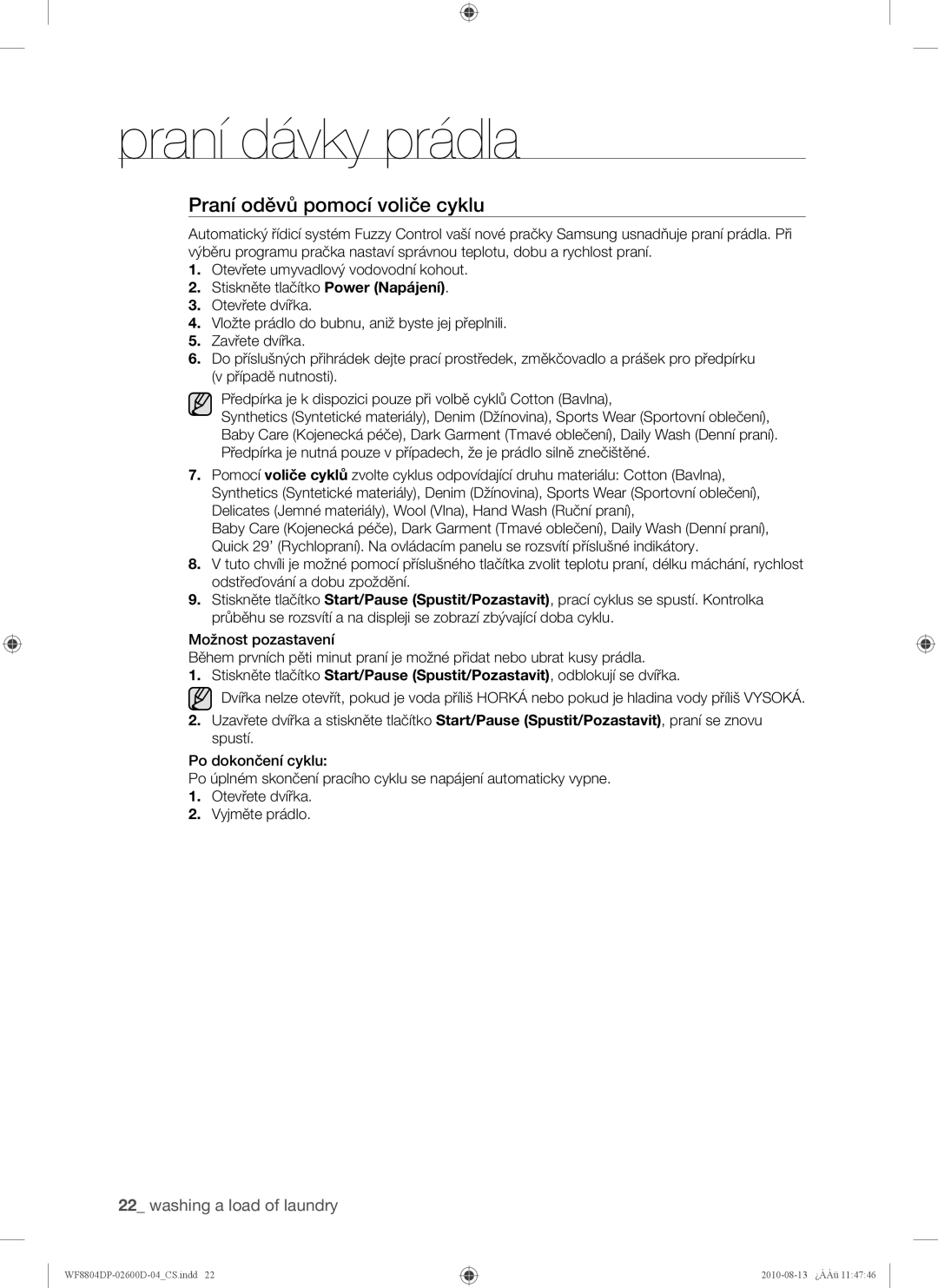 Samsung WF8804HPA/XEH, WF8804HPA1/XEH manual Praní oděvů pomocí voliče cyklu 