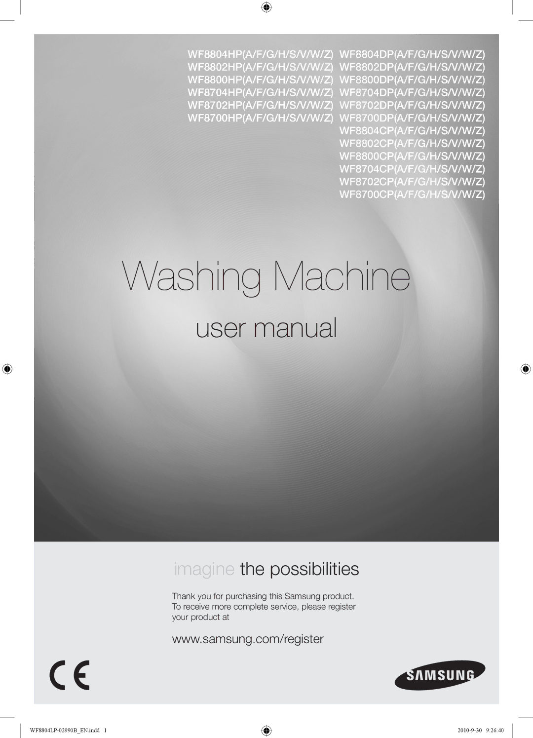 Samsung WF8804LPV/XEH manual Washing Machine 