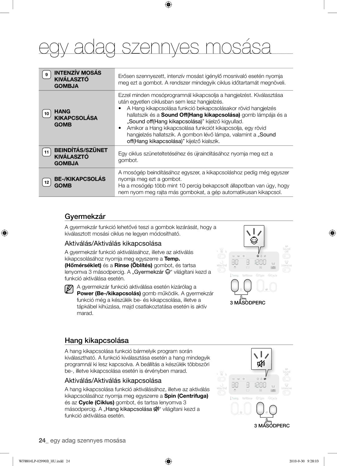 Samsung WF8804LPV/XEH manual Hang kikapcsolása, Aktiválás/Aktiválás kikapcsolása 