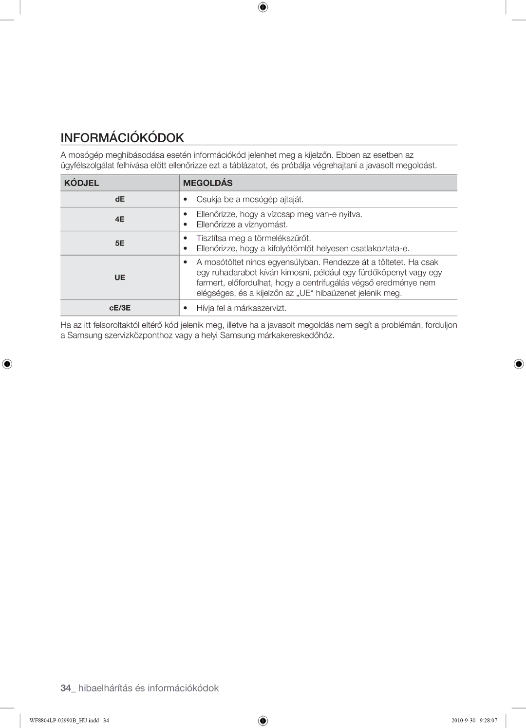 Samsung WF8804LPV/XEH manual Információkódok, Kódjel Megoldás 