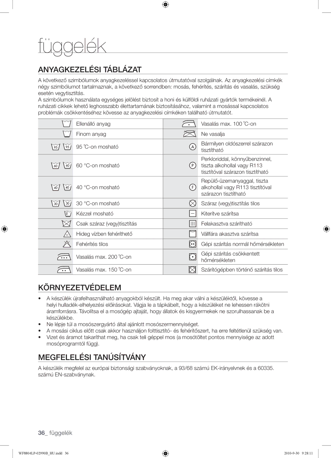 Samsung WF8804LPV/XEH manual Függelék, Anyagkezelési Táblázat, Környezetvédelem, Megfelelési Tanúsítvány 